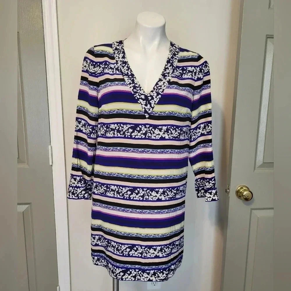 Diane von Furstenberg Multicolored Striped/Floral Silk Lined Shift Dress(10)